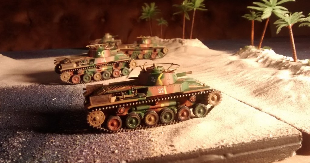 Prototyp der bespielbaren Dioramenplatte "Schlacht um Wake Island" mit beispielhaft aufgestellten Typ 97 Chi-Ha,  Type 95 Ha-Go, Type 2 Ka-Mi mit und ohne Ponton