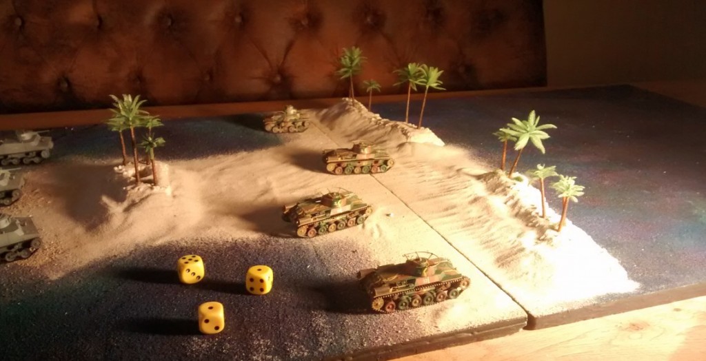 Prototyp der bespielbaren Dioramenplatte "Schlacht um Wake Island" mit beispielhaft aufgestellten Typ 97 Chi-Ha,  Type 95 Ha-Go, Type 2 Ka-Mi mit und ohne Ponton