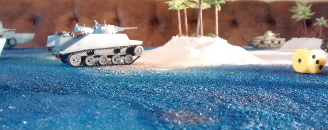 Prototyp der bespielbaren Dioramenplatte "Schlacht um Wake Island" mit beispielhaft aufgestellten Typ 97 Chi-Ha,  Type 95 Ha-Go, Type 2 Ka-Mi mit und ohne Ponton