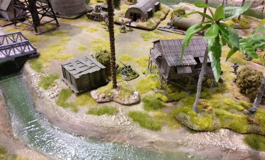 Die Diorama-Spielplatte der "Dortmund Amateur Wargamers" mit dem Thema "Landung japanischer Truppen im Pazifik"