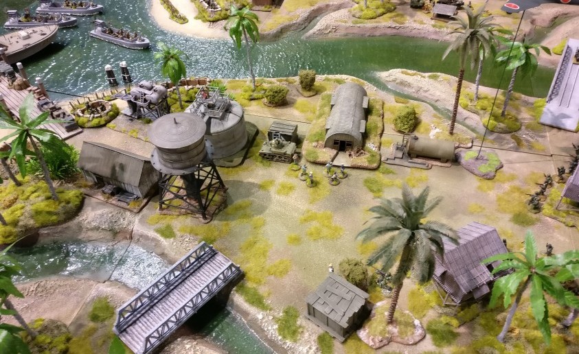 Die Diorama-Spielplatte der "Dortmund Amateur Wargamers" mit dem Thema "Landung japanischer Truppen im Pazifik"