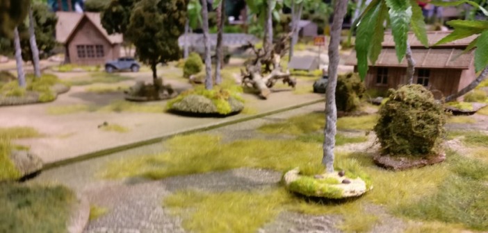 Die Diorama-Spielplatte der "Dortmund Amateur Wargamers" mit dem Thema "Landung japanischer Truppen im Pazifik"