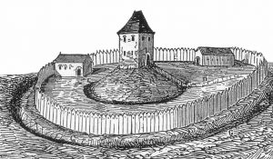 Abbildung einer Motte: ein früher Rekonstruktionsversuch eines ChÃ¢teau Ã  Motte von A. de Caumont aus dem 19. Jahrhundert (#1)