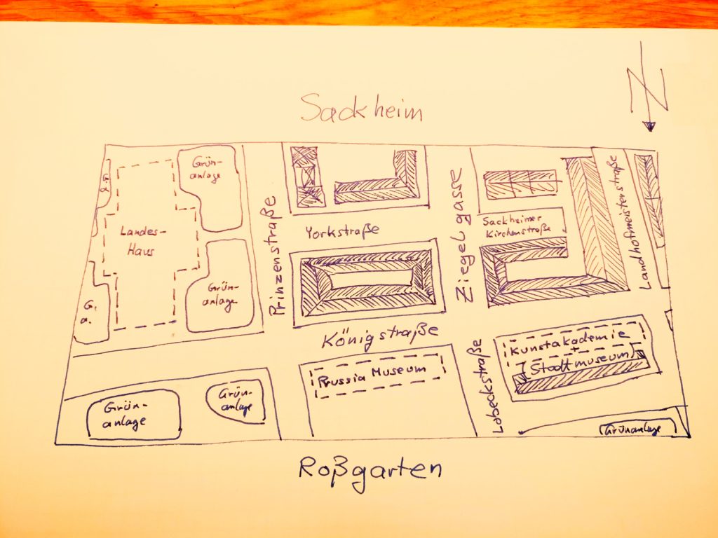 Der Stadtplan von Königsberg nebst den von uns aufgestellten Gebäuden. Er zeigt die Königstraße als Trennlinie zwischen Sackheim und Roßgarten.