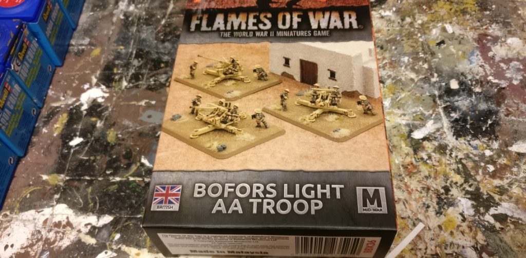 Die Packung der Bofors 40mm Flak von Flames of War.