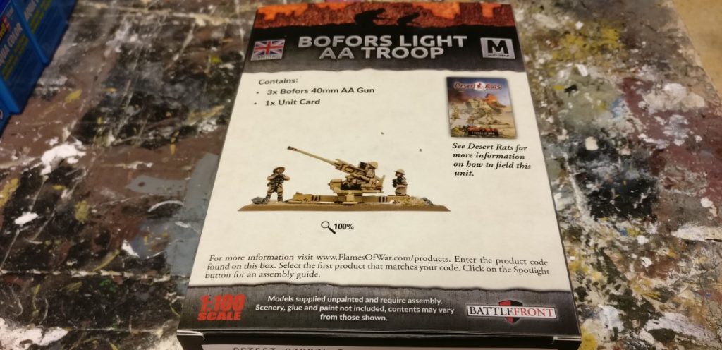 Die Abbildung auf der Rückseite der Packung der Bofors 40mm Flak von Flames of War verheißt ein schönes Modell.