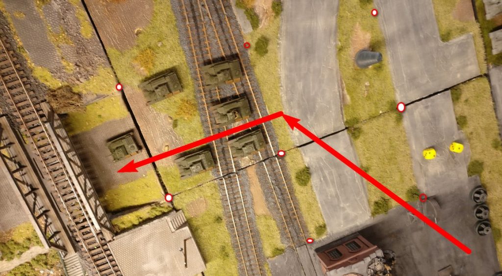 2 AP für zwei diagonale Moves ( die Pfeile sitzen nicht ganz auf Eck) einmal für 1 AP 45Â° nach links drehen und das wars fürs Erste. Der vorderste T-70 war zu Beginn ein Square weiter.  So endet er jetzt auch ein Square weiter vorne.