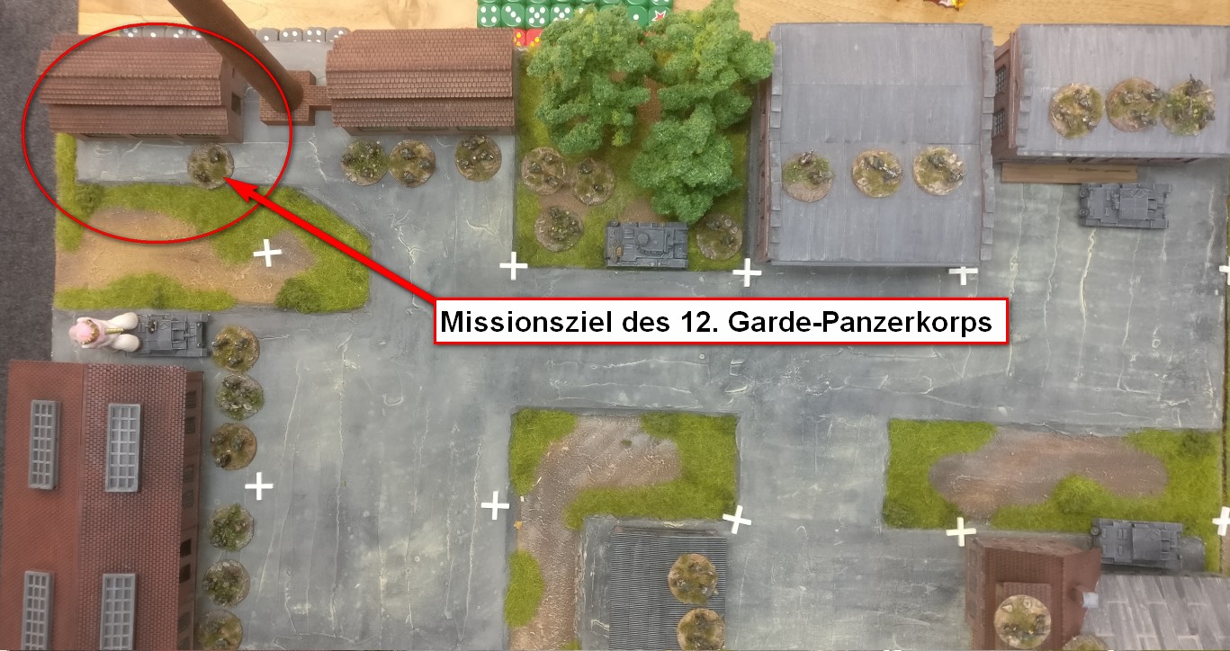 Das Missionsziel des 12. Garde-Panzerkorps ist die Einnahme des deutschen Gefechtsstands in Berlin-Siemensstadt am Ende des Spielfeldes.