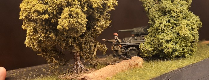 Blick durch den Stadtwald. Der T-34/76 der 159. Panzerbrigade und vor ihm der Panzerkommandant Serschant Kruschnikow.