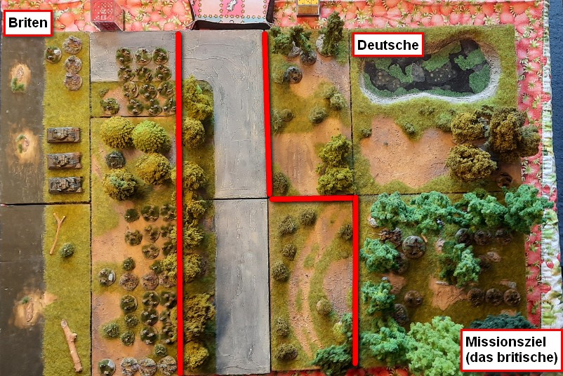 Das Spielfeld. Die Briten würden sicher ihre Schörmis über die Straße nach vorne rollen lassen. Darauf wareten die Panzerschreck-Schützen in vorderster Stellung sowie die Pak 40 im Wäldchen am Sümpfchen.