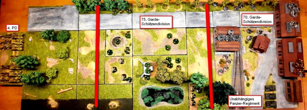 Die Karte ("Satellitenfoto") zum Frontabschnitt des XXXXVII. Panzerkorps, aus welchem heraus die 4. Panzer-Division mit dem 33. Grenadier-Regiment und der 6. Batterie des Panzer-Artillerie-Regiment 103 zum Angriff gegen die 75. und 70. Garde-Schützen-Division sowie ein unabhängiges Panzer-Regiment antritt. (Zum Vergrößern bitte die Karte anklicken !)