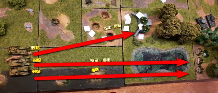 Als ersten Schritt nehmen die Panzerhaubitzen zwei Ziele unter Beschuss. Das HMG-Platoon wird zweimal beschossen, der Bunker nur einmal.
