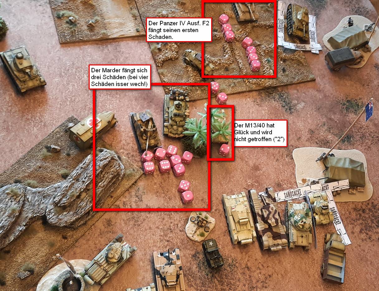 Der schwer angeschlagene Marder links und der leicht getroffene Panzer IV oben rechts.