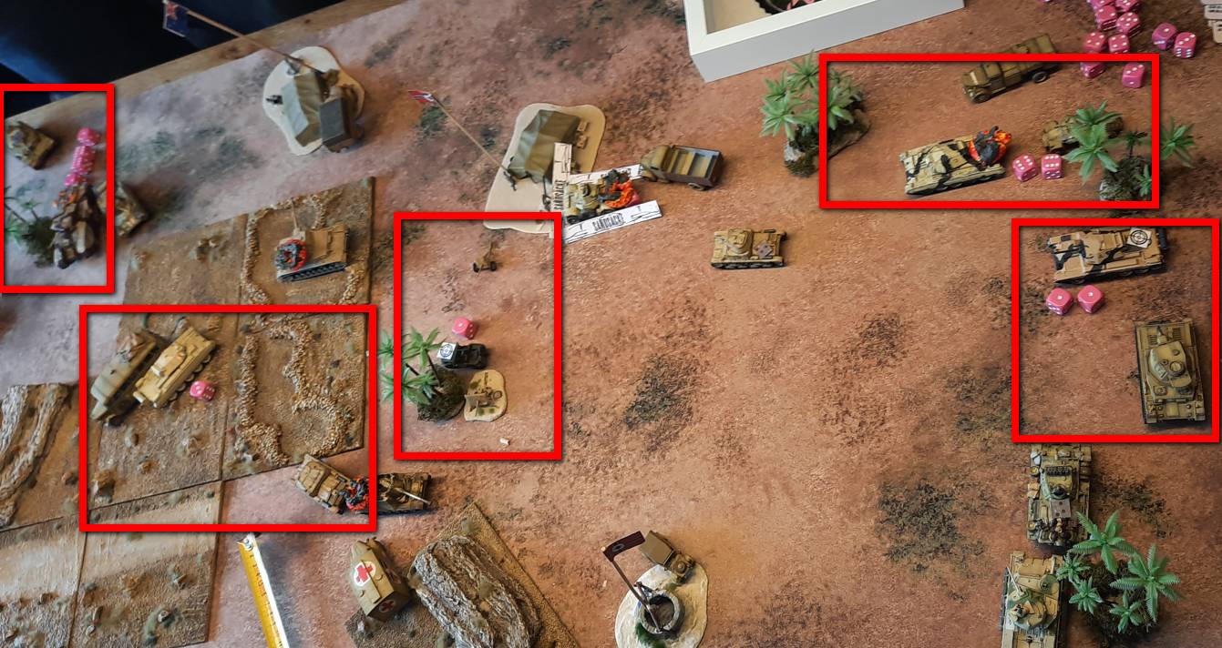 Die Brennpunkte des Gefechts. Semovente, Pak 36 und Panzer IV Ausf. F1 treffen nicht. Dafür trifft links oben der Panzer IV Ausf. G und das Sd.Kfz.222.