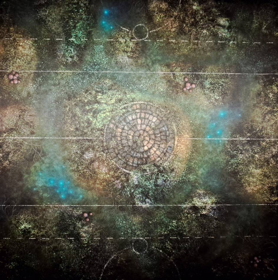 Die 3 Fuß x 3 Fuß Gamemat "Swamp Arena" von Fischkrieg. Auf dem Titelfoto kann man sehen, dass Chaos Krieger dort sehr wohlfühlen können.