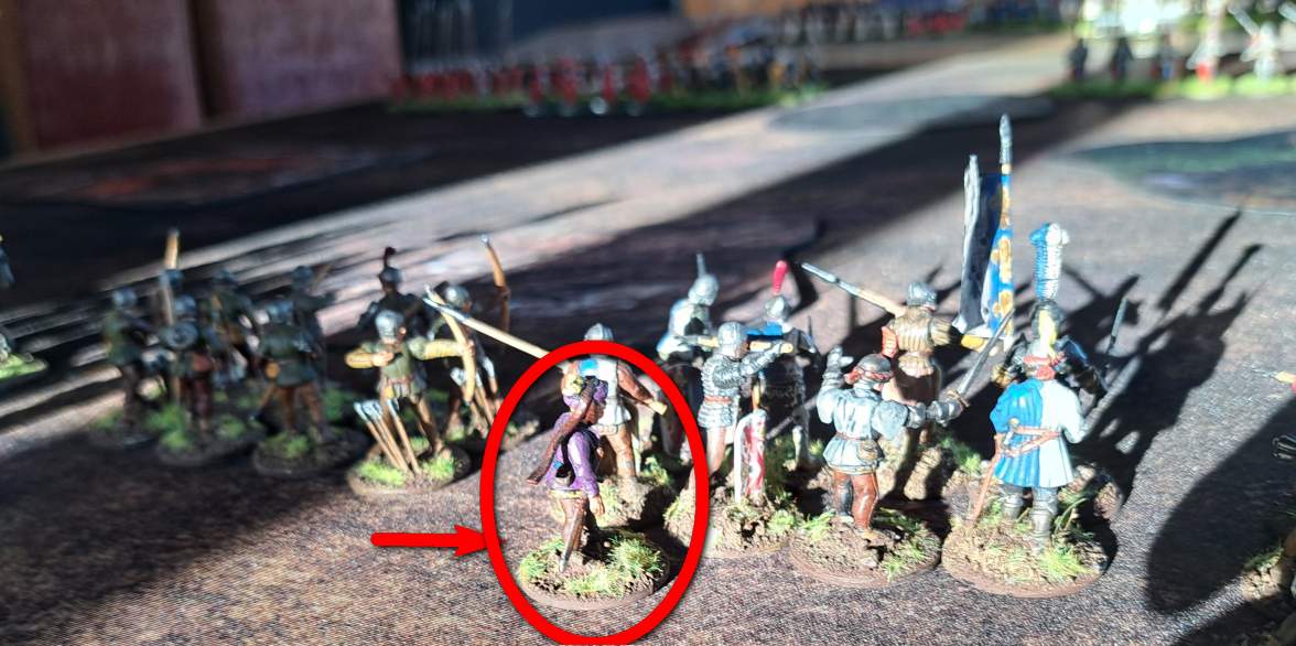 Wieder die 8 Krieger der Bretonen mit dem Gesandten, links daneben weitere 9 SAGA-Bauern mit Bögen.